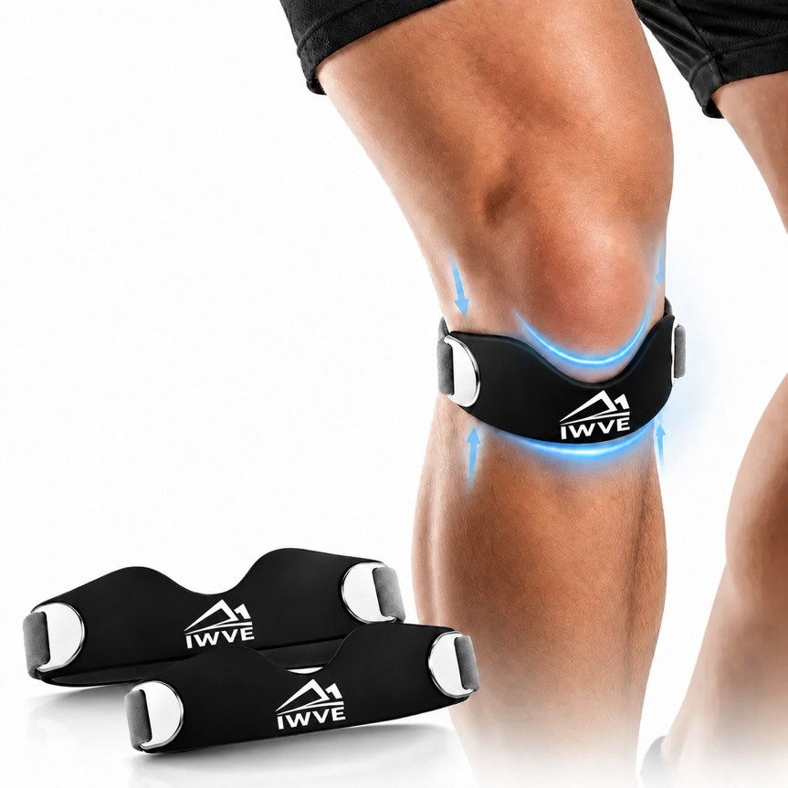 IWVE Silicone Patellar Support Strap worn on knee showing targeted compression